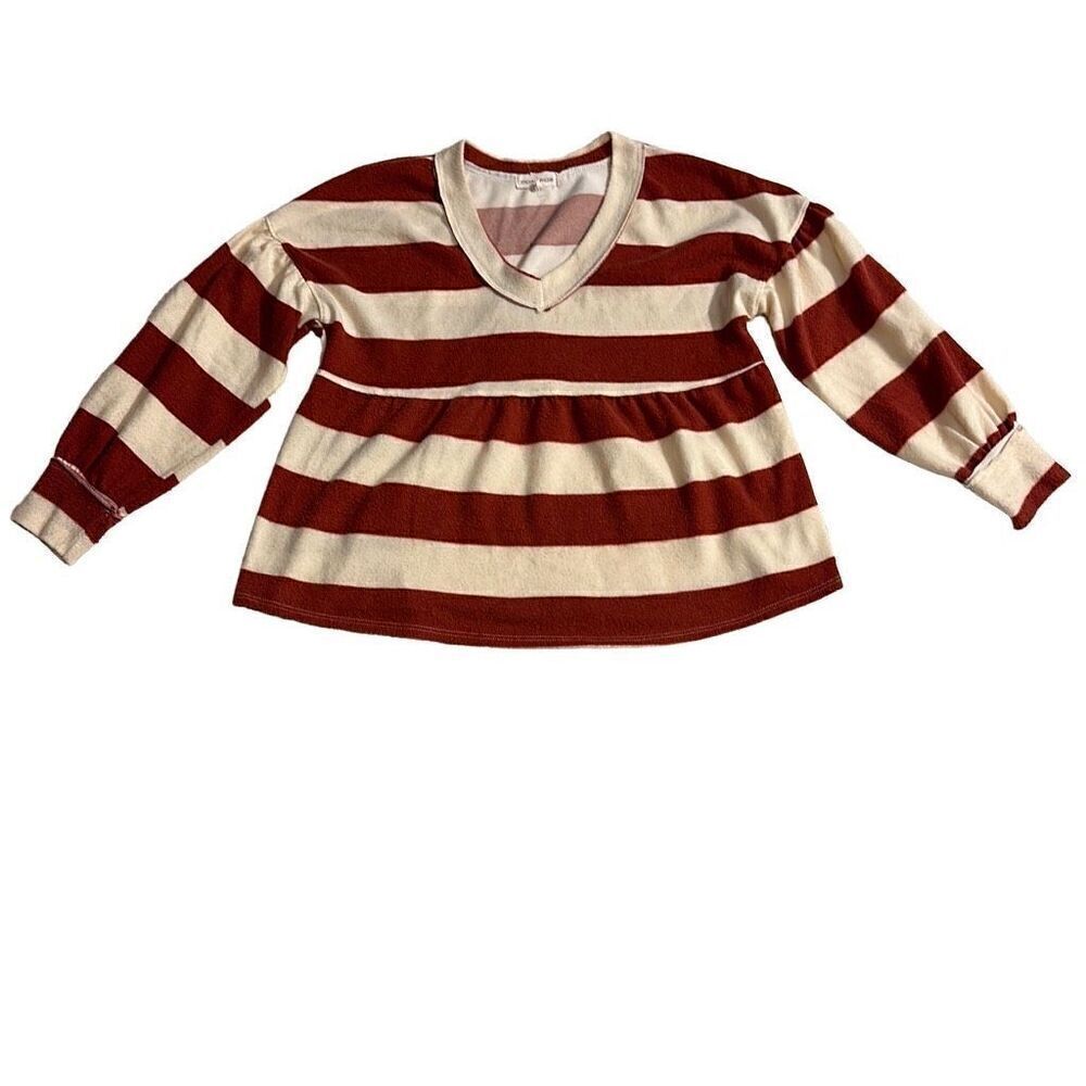 Moa Moa Womens Orange Balloon Sleeve Striped V Neck Crop Top Size Small